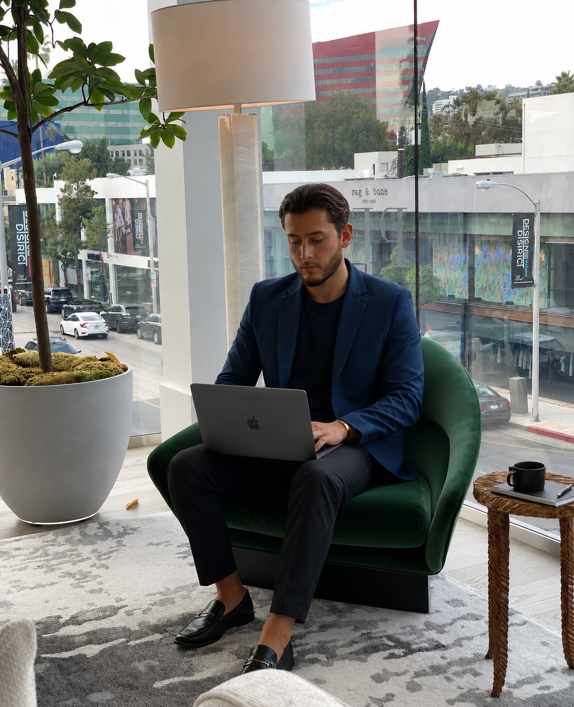 Raul Alejandro Polanco working on a laptop in a Beverly Hills office